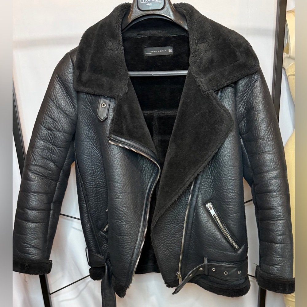 Zara Black Leather Shearling Jacket